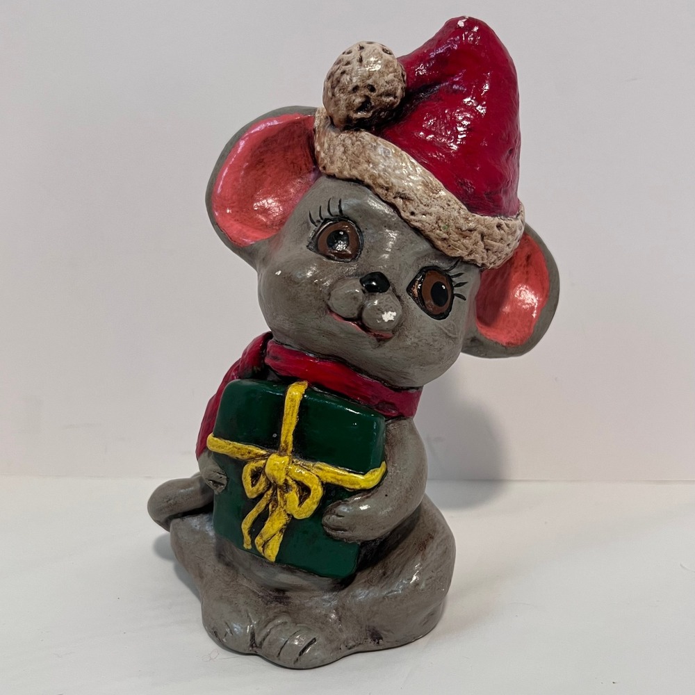 VTG 60s Christmas‎ Mouse Figurine Handmade Kitchy Ceramic Gift Santa Hat